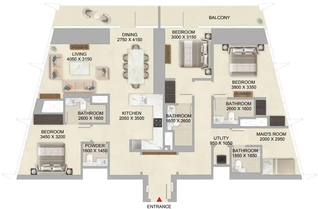 The Mirage at Sobha Central 3 bed floor plan, 1,862 sqft