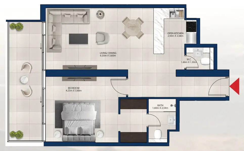 Al Vista 1 bed floor plan, 938 sqft