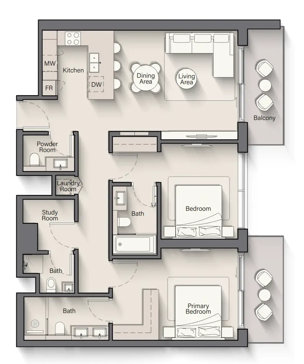Playa Del Sol 2 bed floor plan, 1,270 sqft