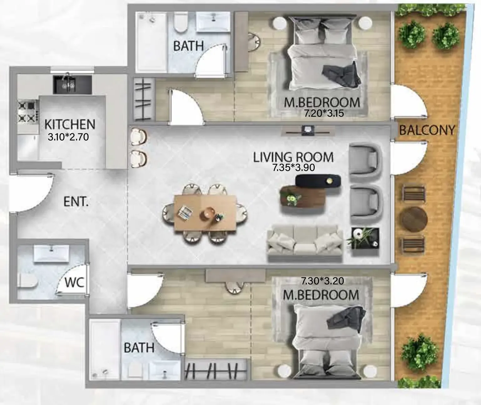 311 Boulevard 2 bed floor plan, 1,249 sqft