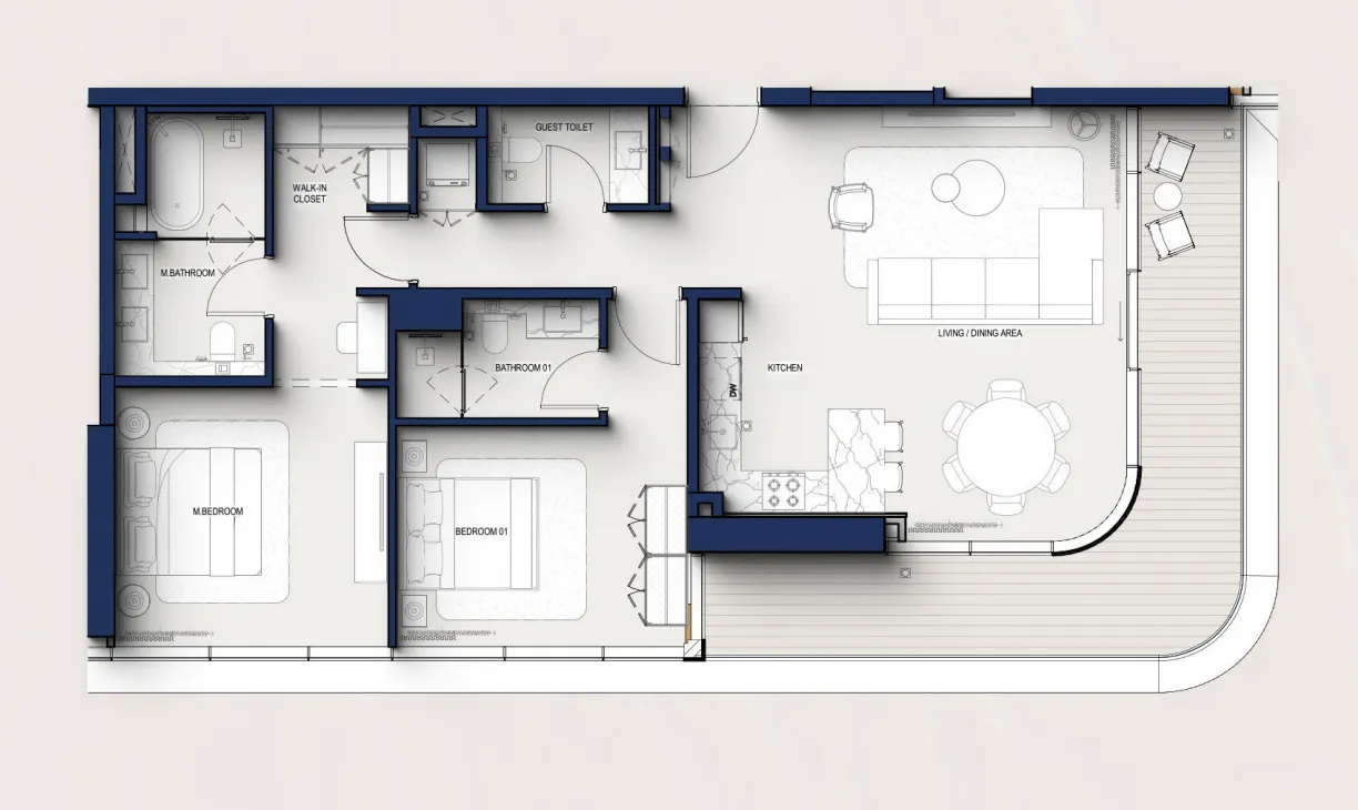 Hilton Residences 2 bed floor plan, 1,345 – 1,377 sqft