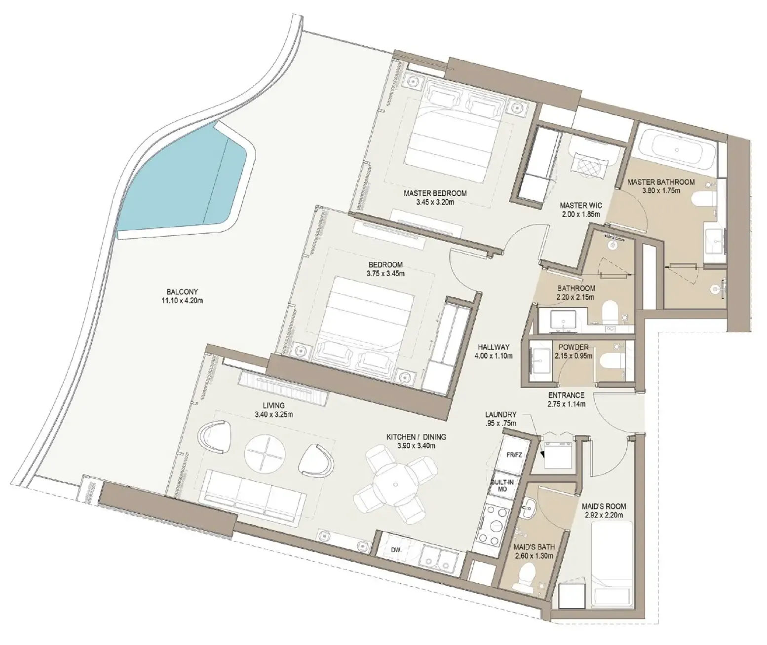 Laguna Residence 2 bed floor plan, 1,293 – 1,452 sqft