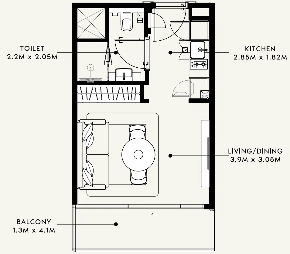 Azizi Milan Studio floor plan, 340 sqft