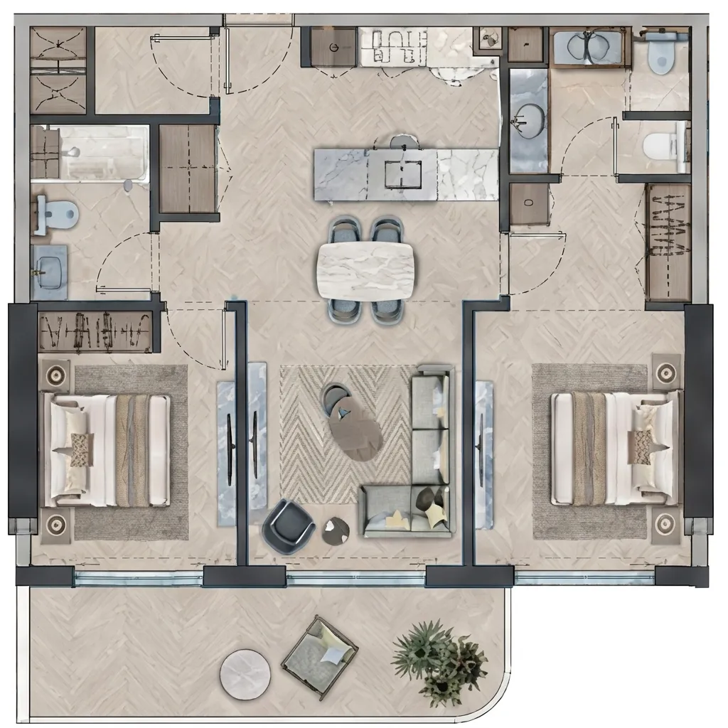 The Bay Interiors by Missoni 2 bed floor plan, 1,034 sqft