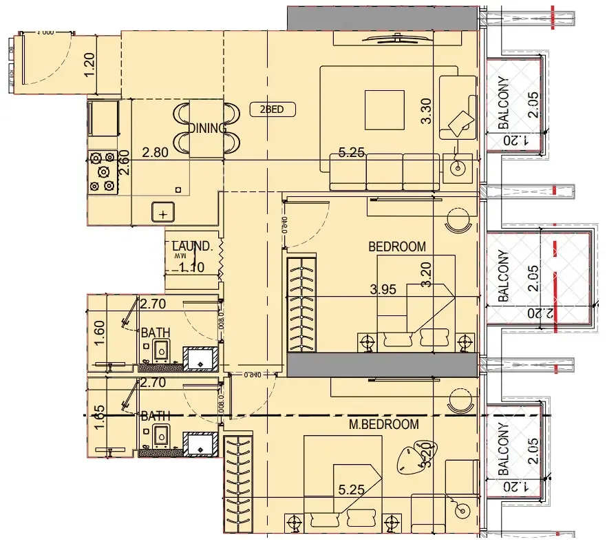 Binghatti Luxuria 2 bed floor plan, 963 sqft
