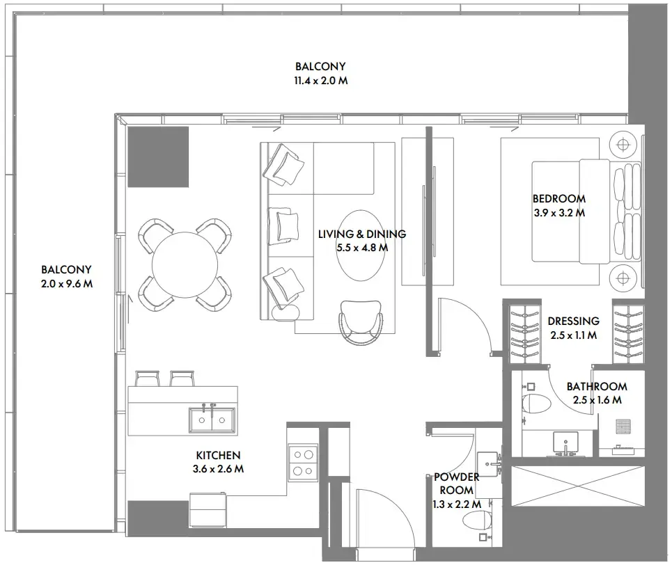 W The Residences by Arada 1 bed floor plan, 1,193 sqft