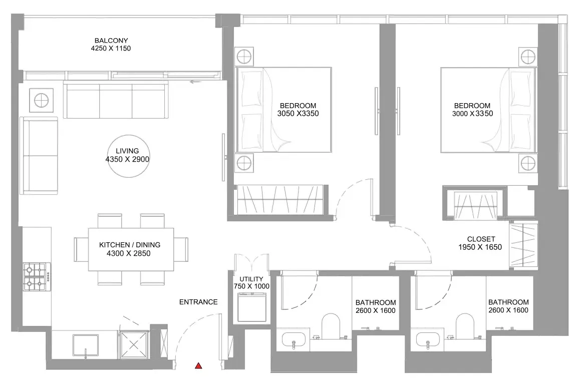 Bayfront Marina Residences 2 bed floor plan, 867 – 868 sqft