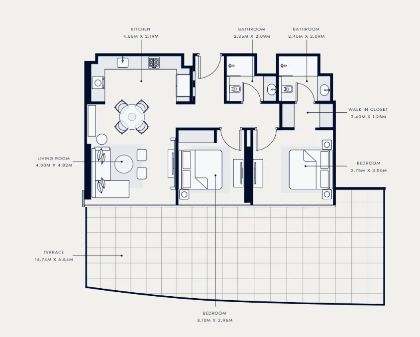 Azizi Venice 2 bed floor plan, 1,837 sqft