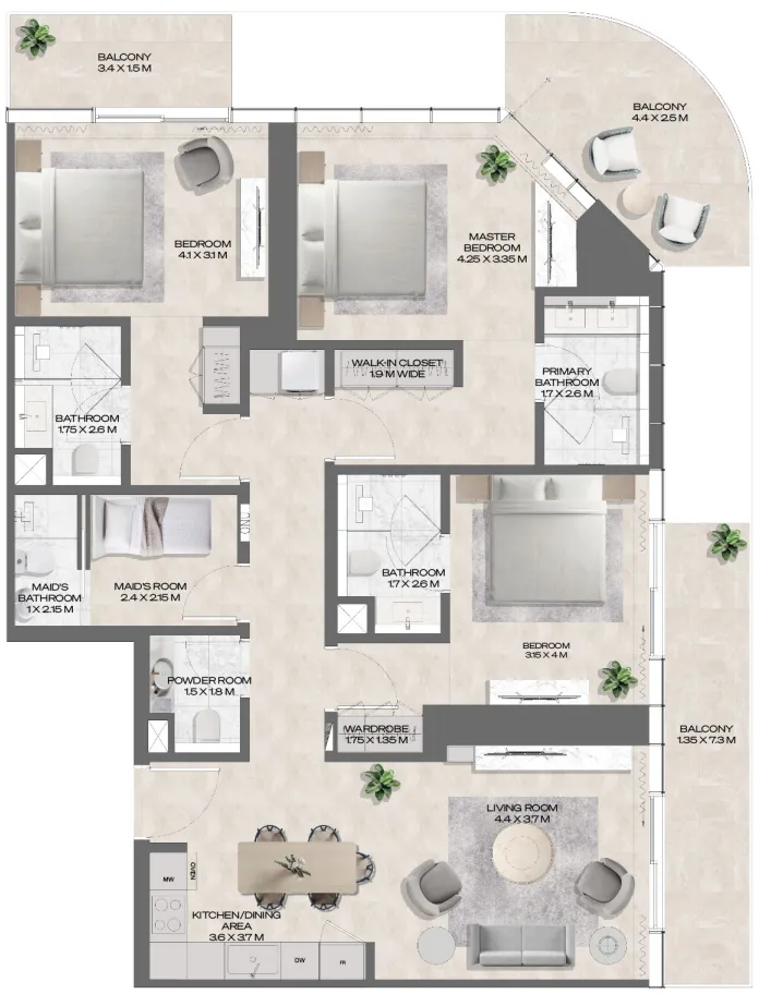 DWTN Residences 3 bed floor plan, 1,681 sqft