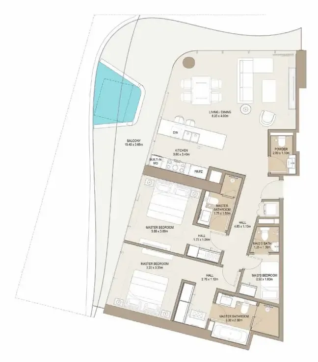 Laguna Residence 2 bed floor plan, 1,664 – 1,668 sqft