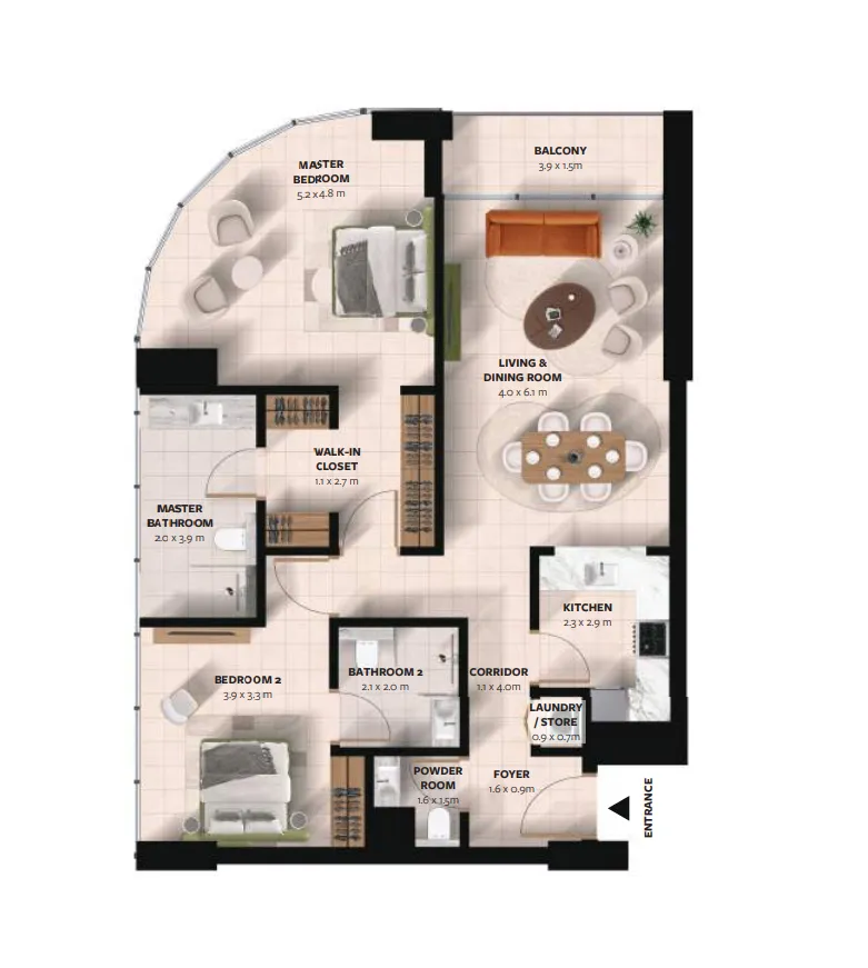 Waada Dubai South 2 bed floor plan, 1,192 – 1,248 sqft