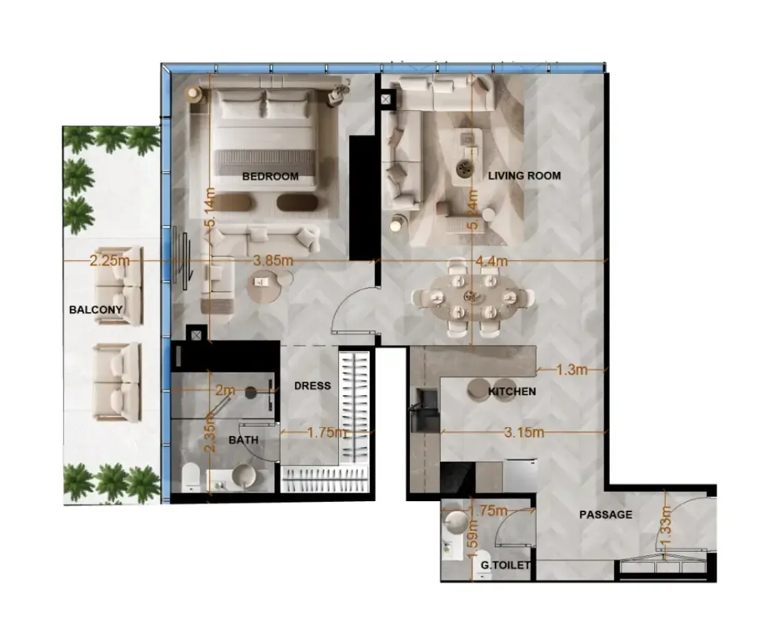 Radiant Terrace 1 bed floor plan, 980 sqft