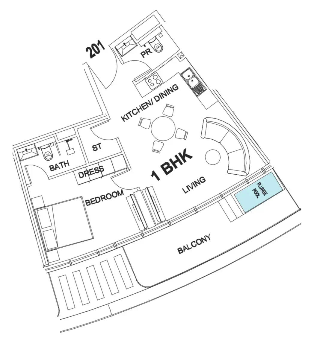 Villa Del Garda 1 bed floor plan, 757 sqft