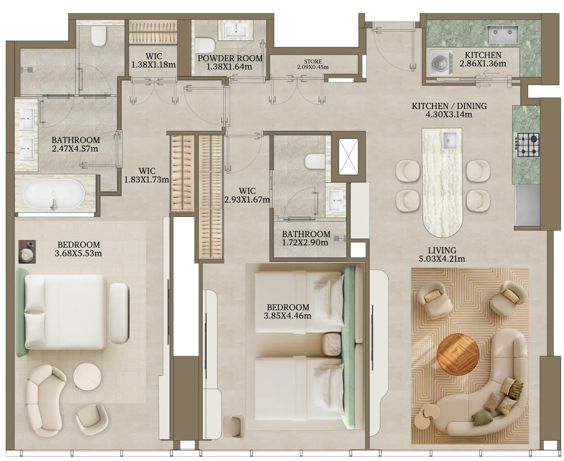 Nasim Al Bahr Residences 2 bed floor plan, 1,384 sqft