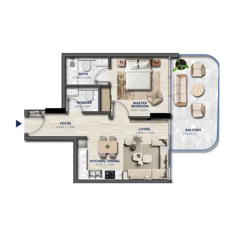 Vedaire Residences 1 bed floor plan, 664 – 734 sqft