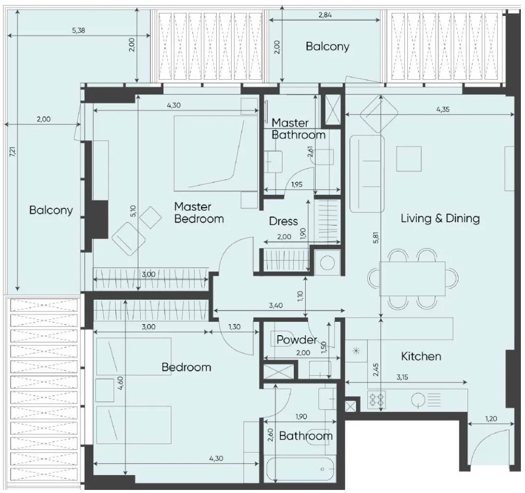 Sea Legend Tower One 2 bed floor plan, 1,415 sqft
