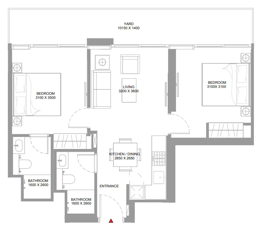 Pierside Marina Residences 2 bed floor plan, 823 – 826 sqft