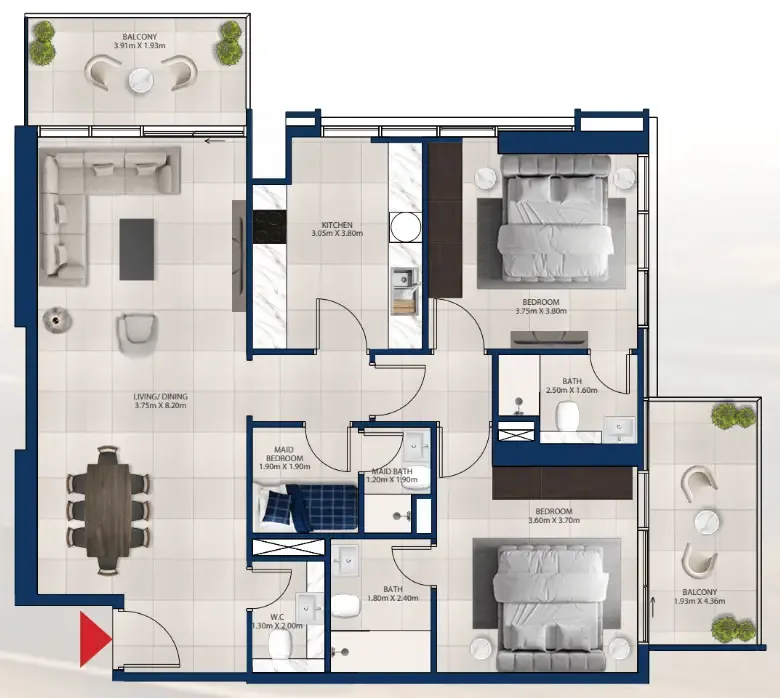 Al Vista 2 bed floor plan, 1,304 sqft
