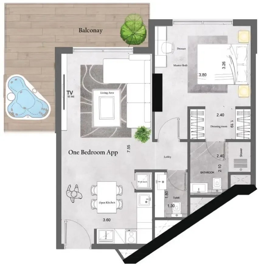 Saray Prime Residence 1 bed floor plan, 789 sqft