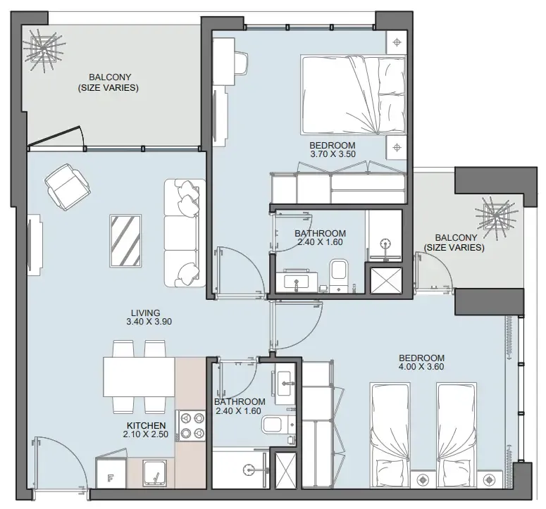 Alba Tower 2 bed floor plan, 840 sqft