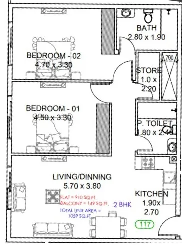 Astra South 2 bed floor plan, 1,098 sqft