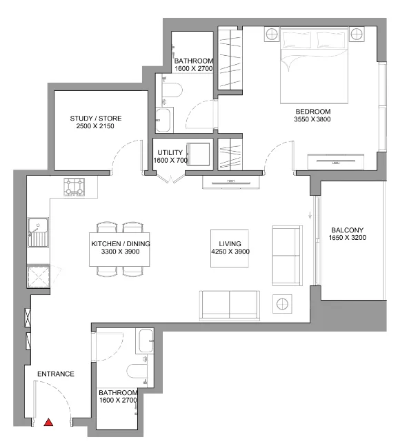Skyscape 1 bed floor plan, 879 sqft