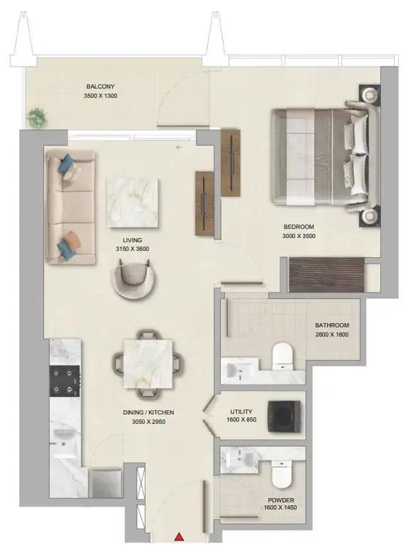 The Pinnacle at Sobha Central 1 bed floor plan, 610 – 611 sqft