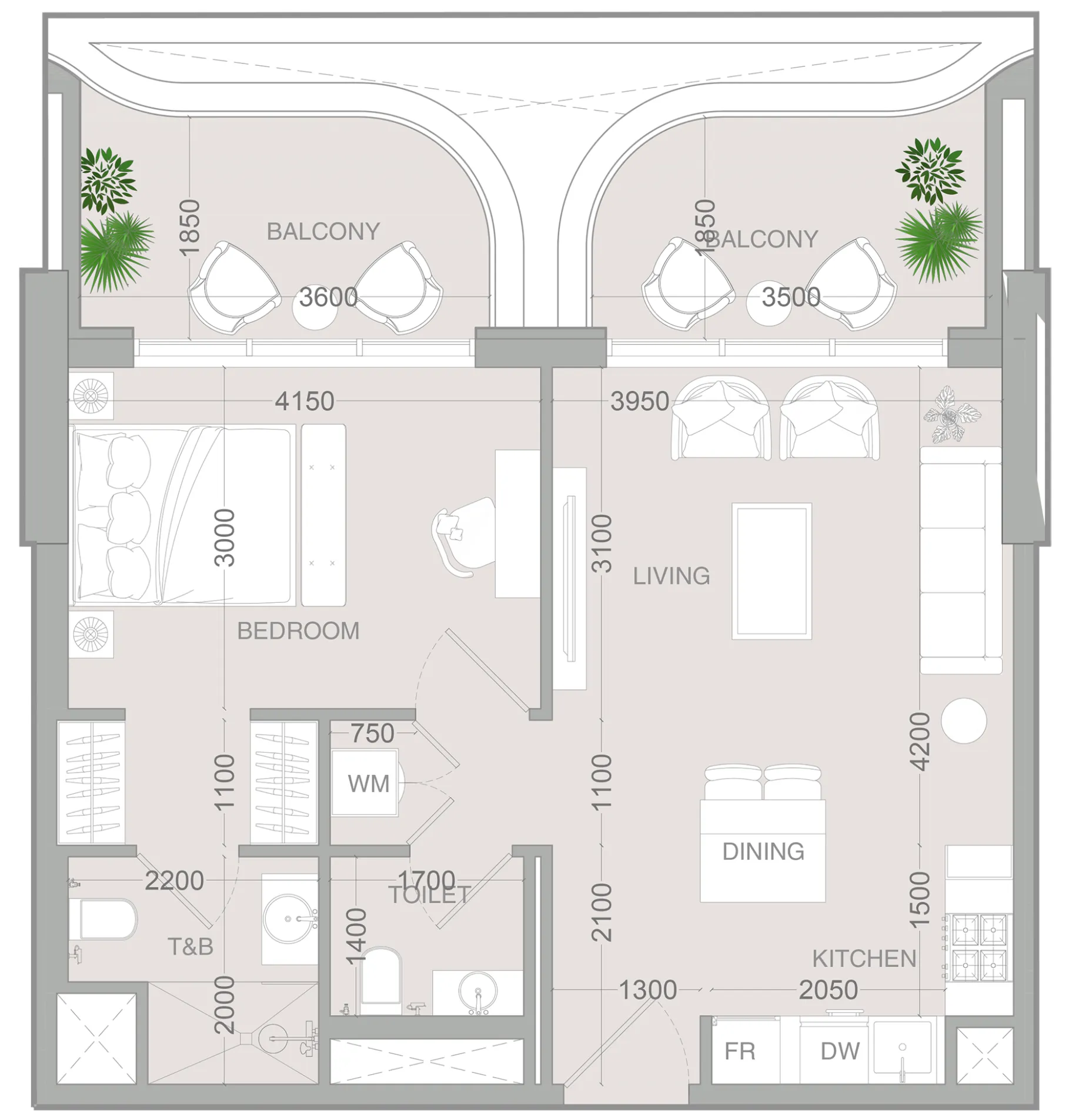 ALTA V1EW 1 bed floor plan, 736 sqft