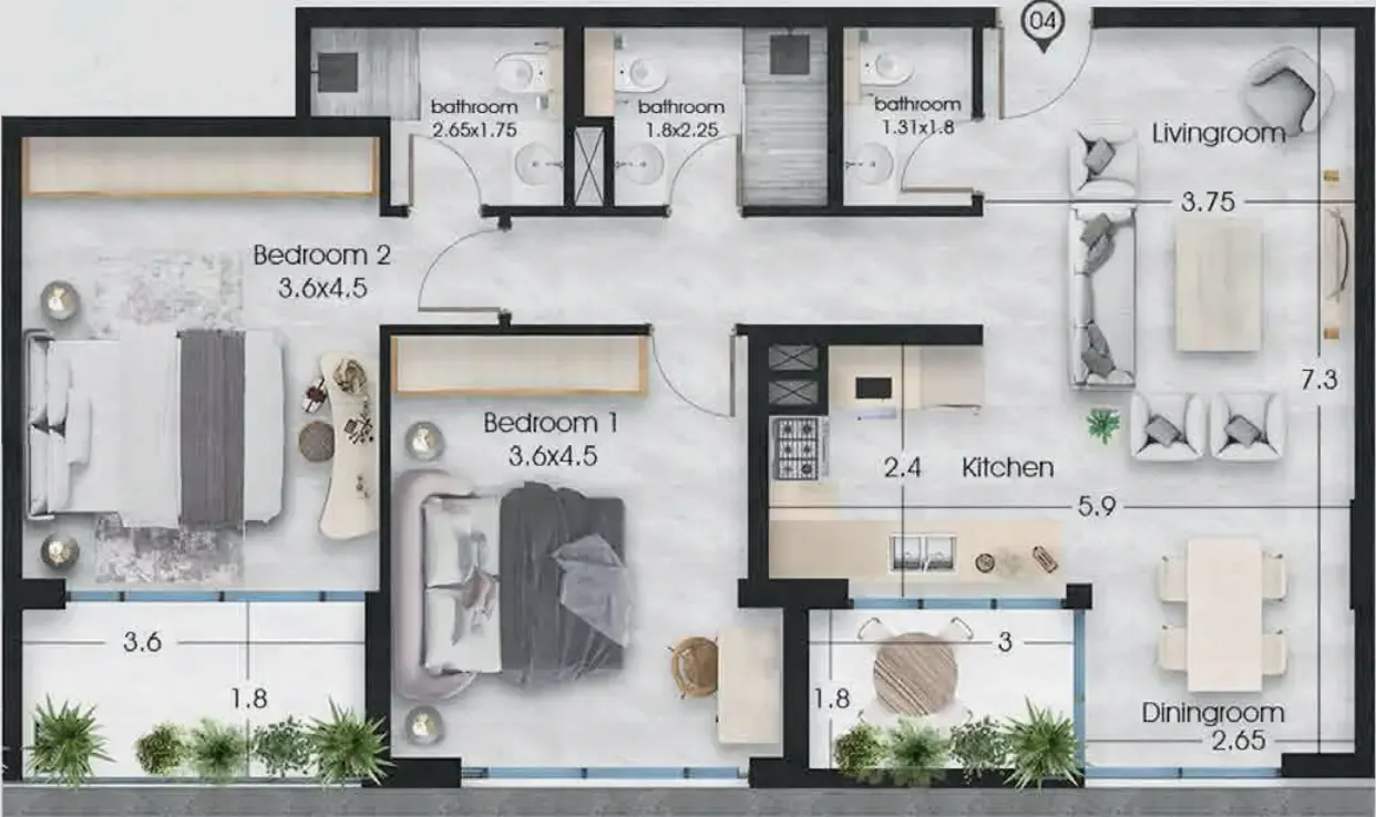 Ethan 2 bed floor plan, 1,040 – 1,072 sqft