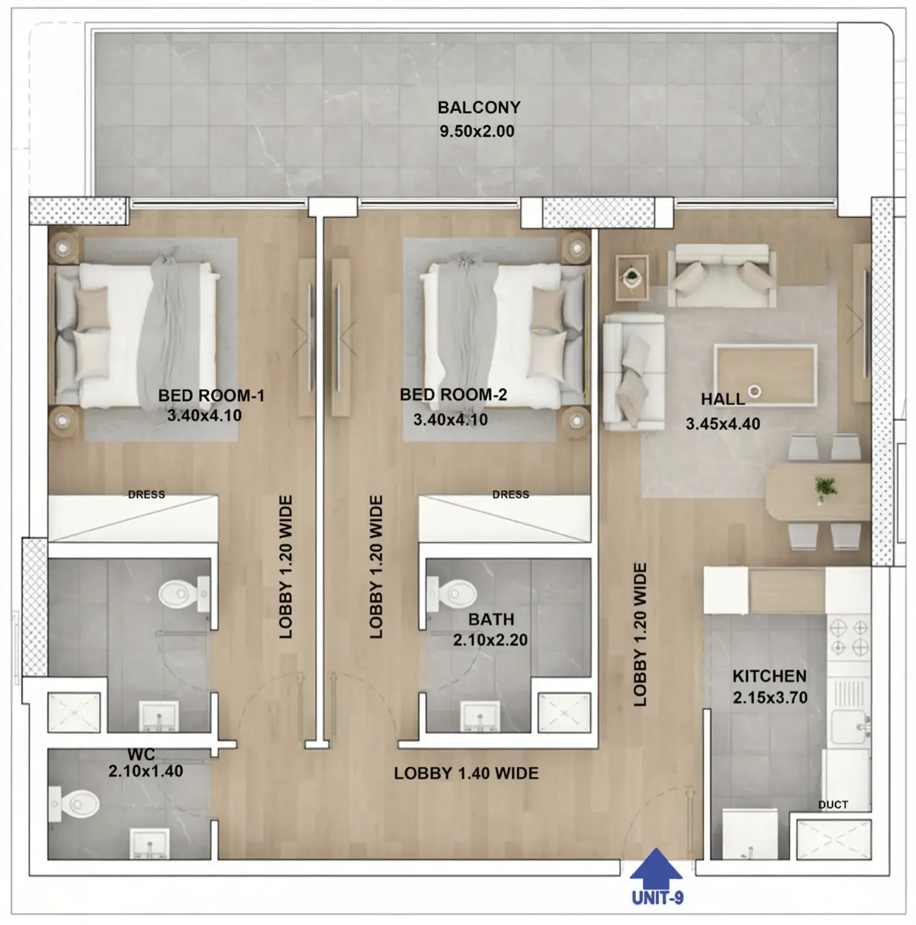 RR Residence 2 bed floor plan, 1,207 sqft