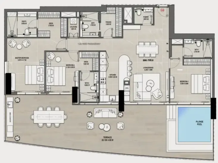 Rabdan Gates 3 bed floor plan, 2,725 sqft