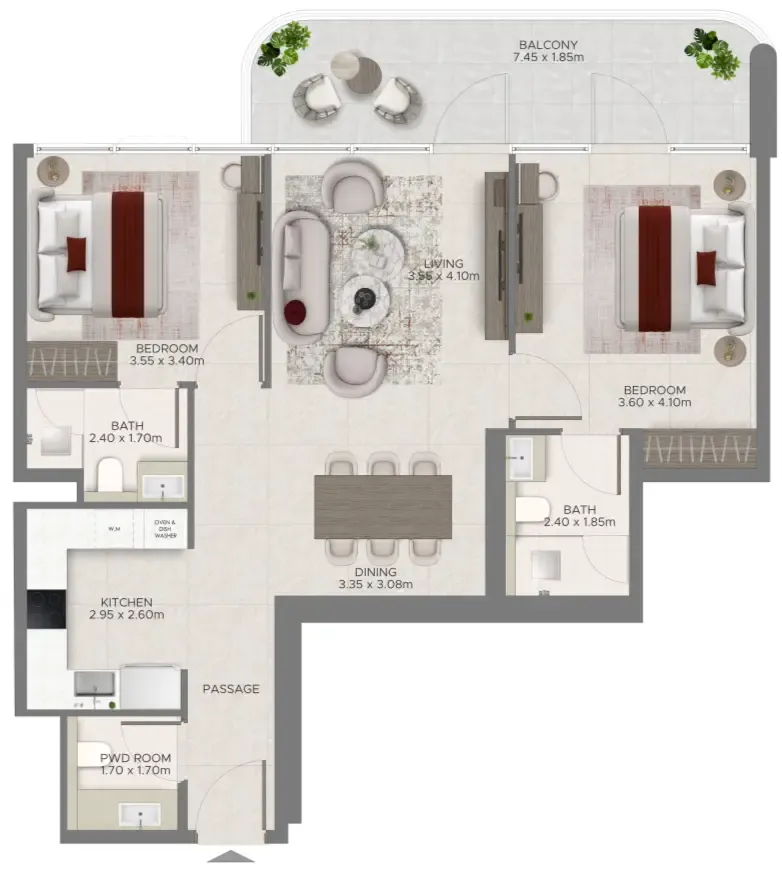 Ramada Residences by Wyndham at Dubai Islands 2 bed floor plan, 1,073 sqft