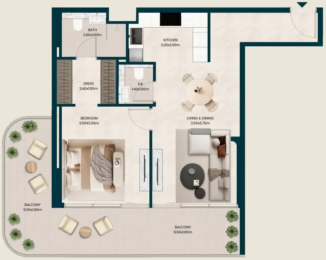 Kyomi Residences 1 bed floor plan, 971 sqft