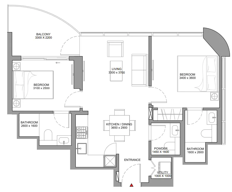 Sobha Aquamont 2 bed floor plan, 775 sqft
