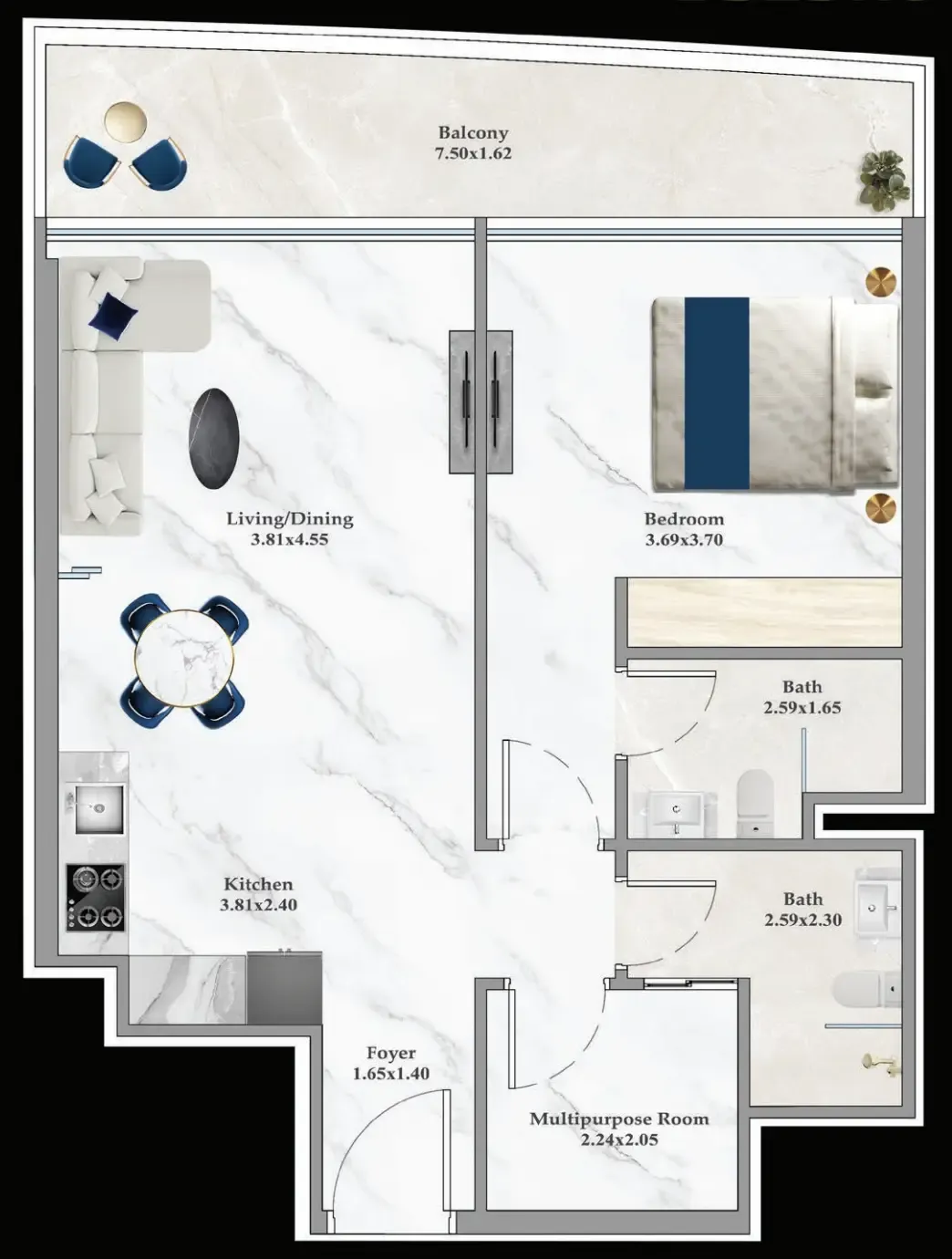 Aspirz 1 bed floor plan, 749 – 750 sqft