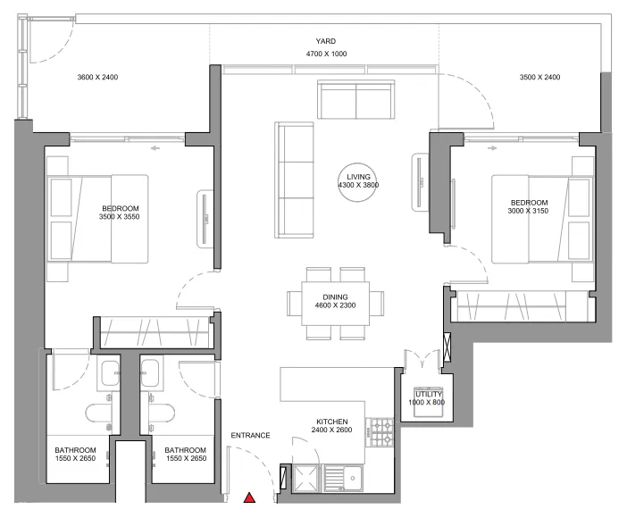 Sobha Orbis 2 bed floor plan, 1,160 sqft
