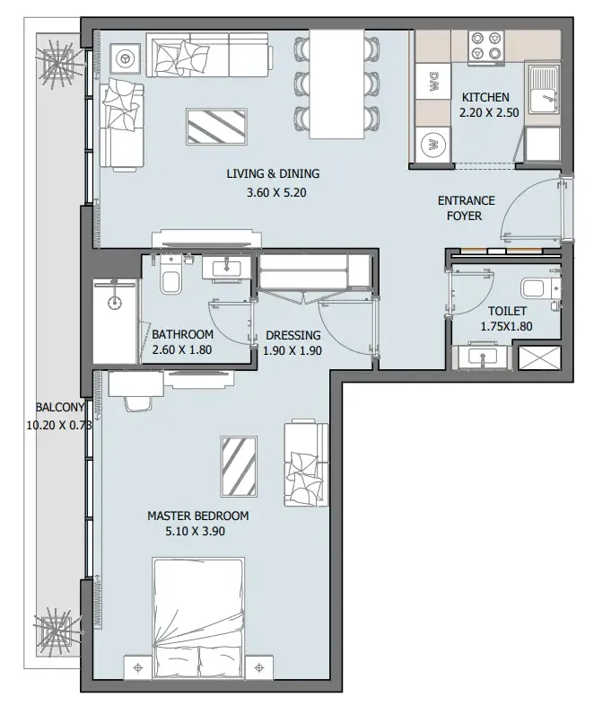 Oceana 1 bed floor plan, 818 sqft