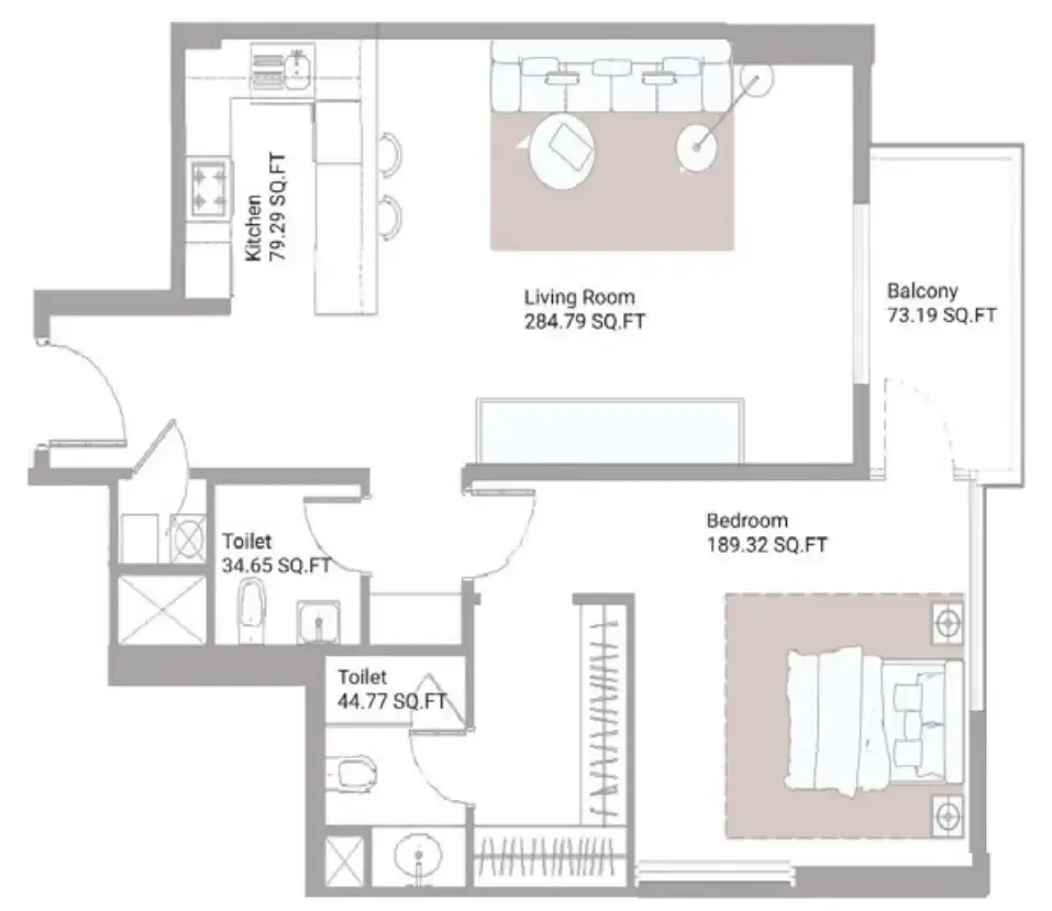 Ajman Creek Towers 1 bed floor plan, 1,241 sqft