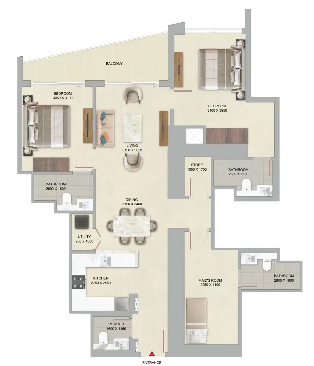 The Serene at Sobha Central 2 bed floor plan, 1,353 sqft