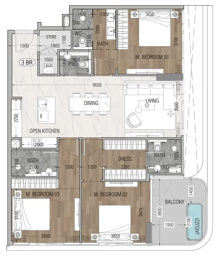 Vue Dorée 3 bed floor plan, 1,432 sqft