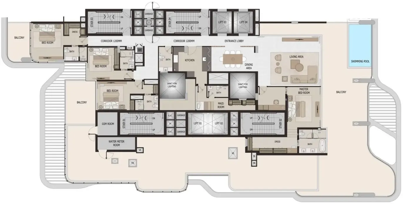 Vitalia Palm Jumeirah Residences 4 bed floor plan, 4,834 sqft