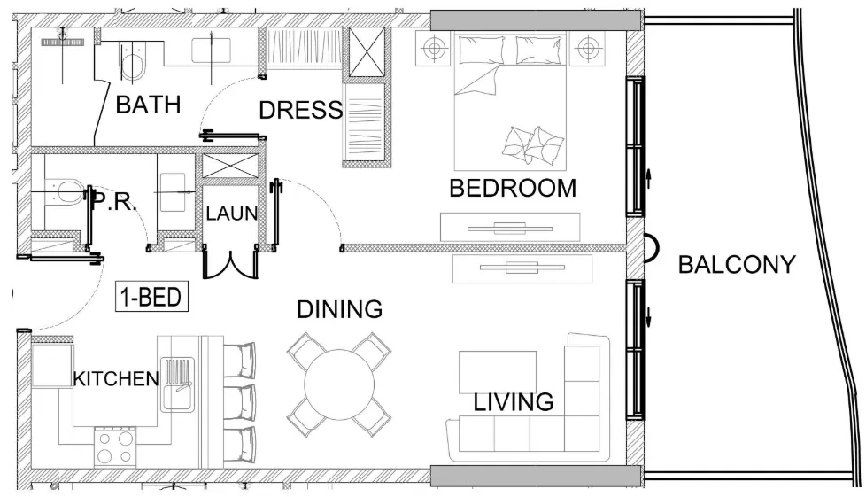 Valencia 1 bed floor plan, 791 sqft