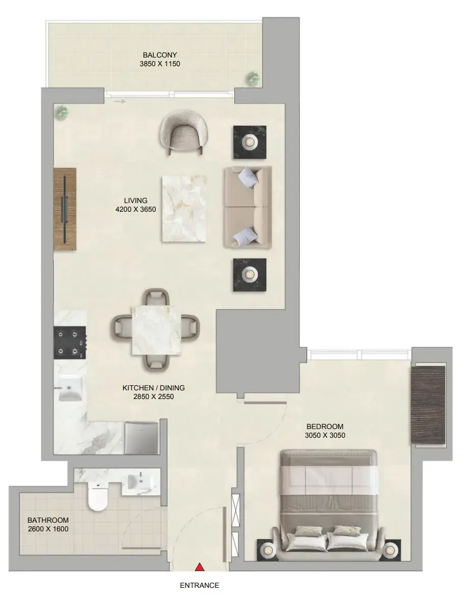 The Tranquil at Sobha Central 1 bed floor plan, 599 sqft