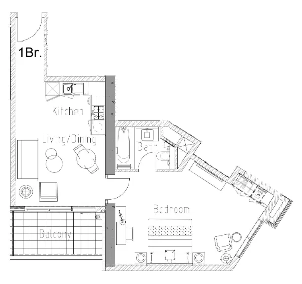Aykon City Tower 1 bed floor plan, 677 sqft