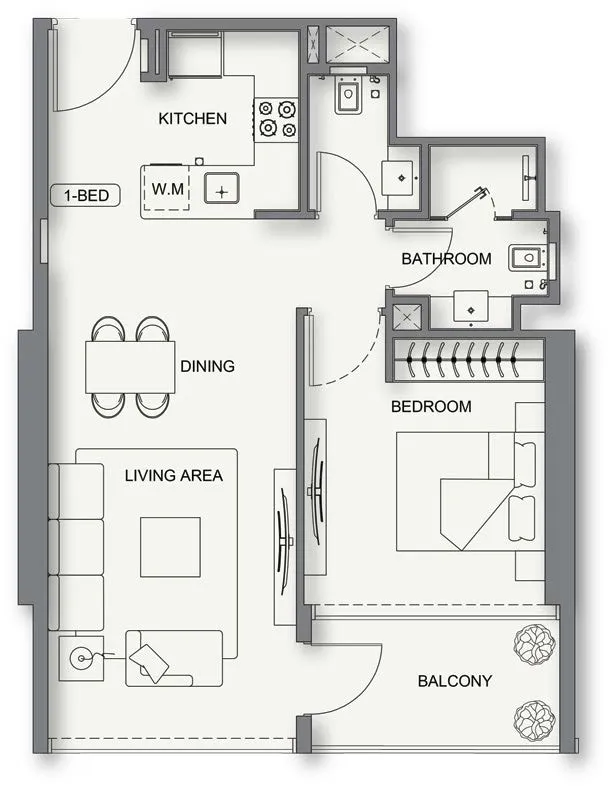 Binghatti Cullinan 1 bed floor plan, 691 sqft