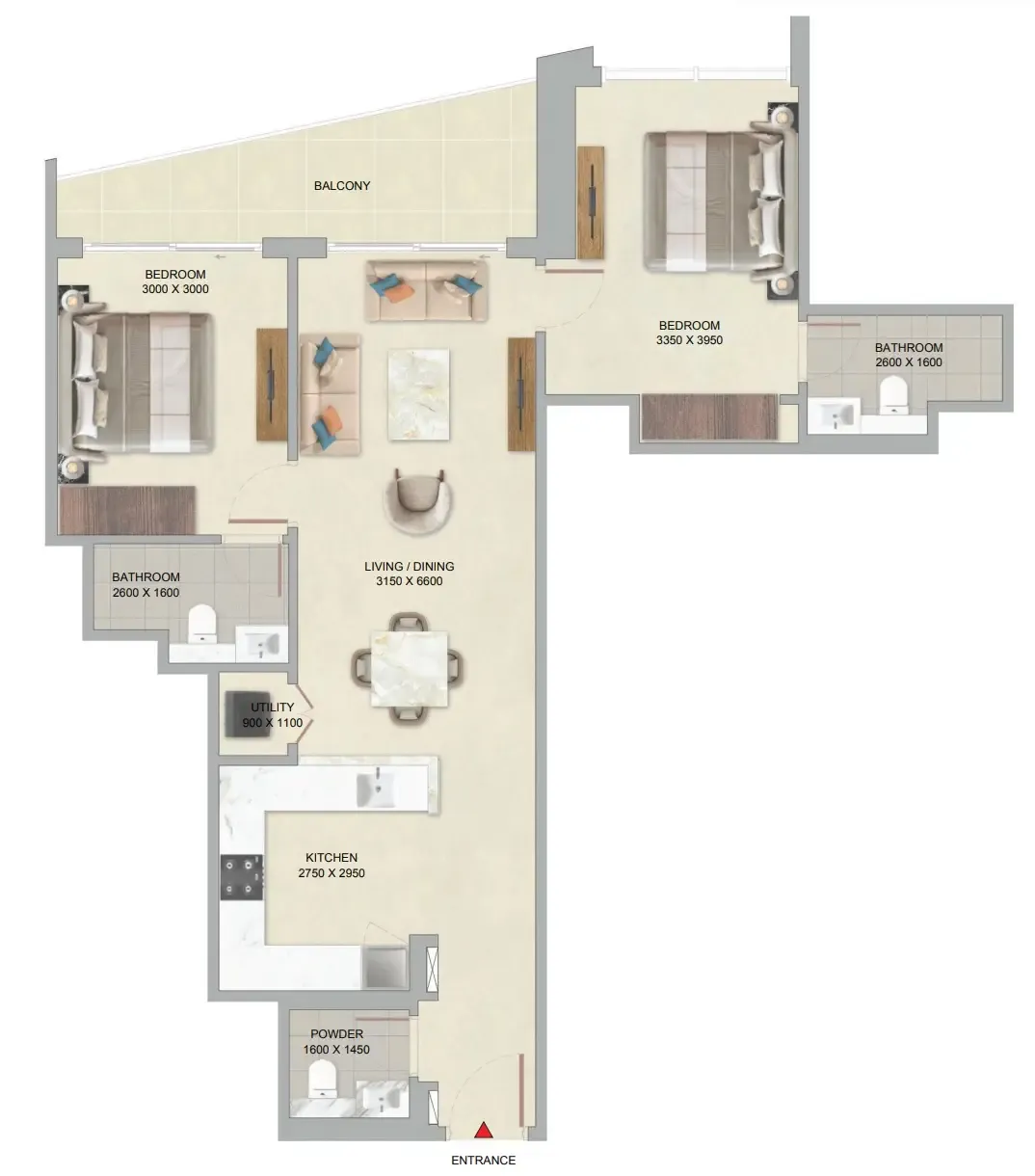 The Serene at Sobha Central 2 bed floor plan, 1,059 sqft