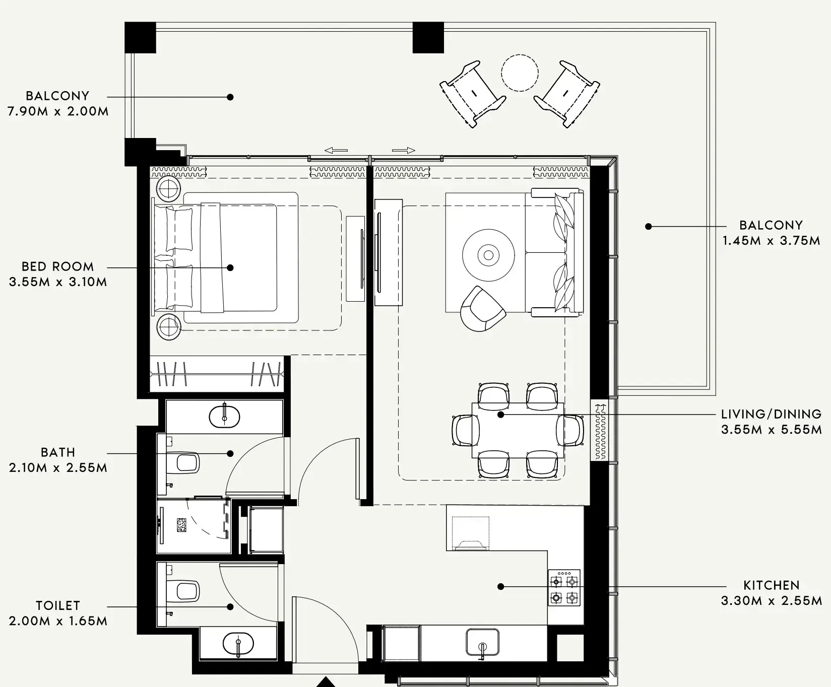 Riviera 58 1 bed floor plan, 934 sqft
