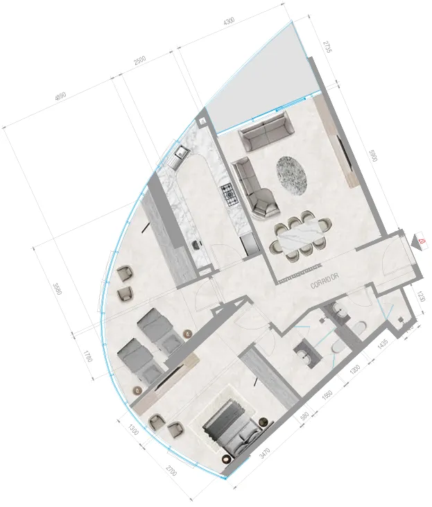 Orchid Towers Phase 1 2 bed floor plan, 1,277 sqft