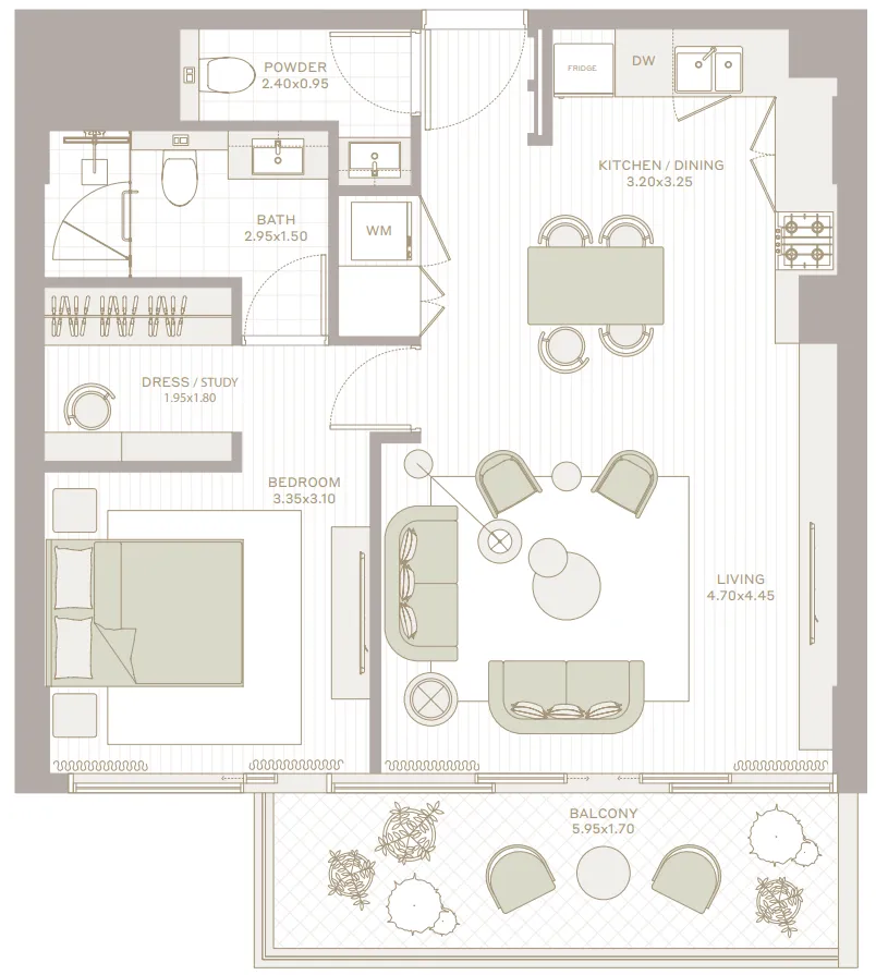 Park Five 1 bed floor plan, 809 – 826 sqft