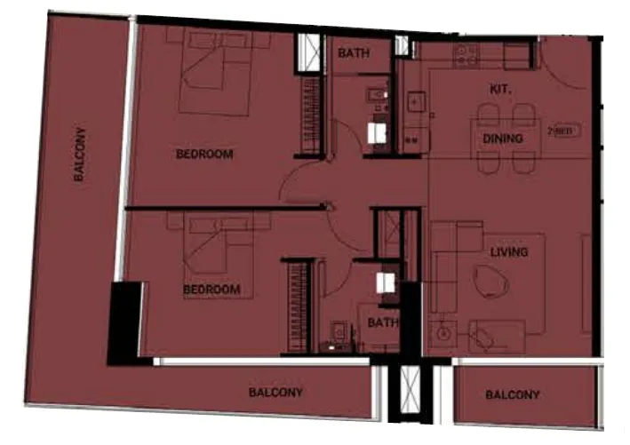 Binghatti Ruby 2 bed floor plan, 1,225 sqft